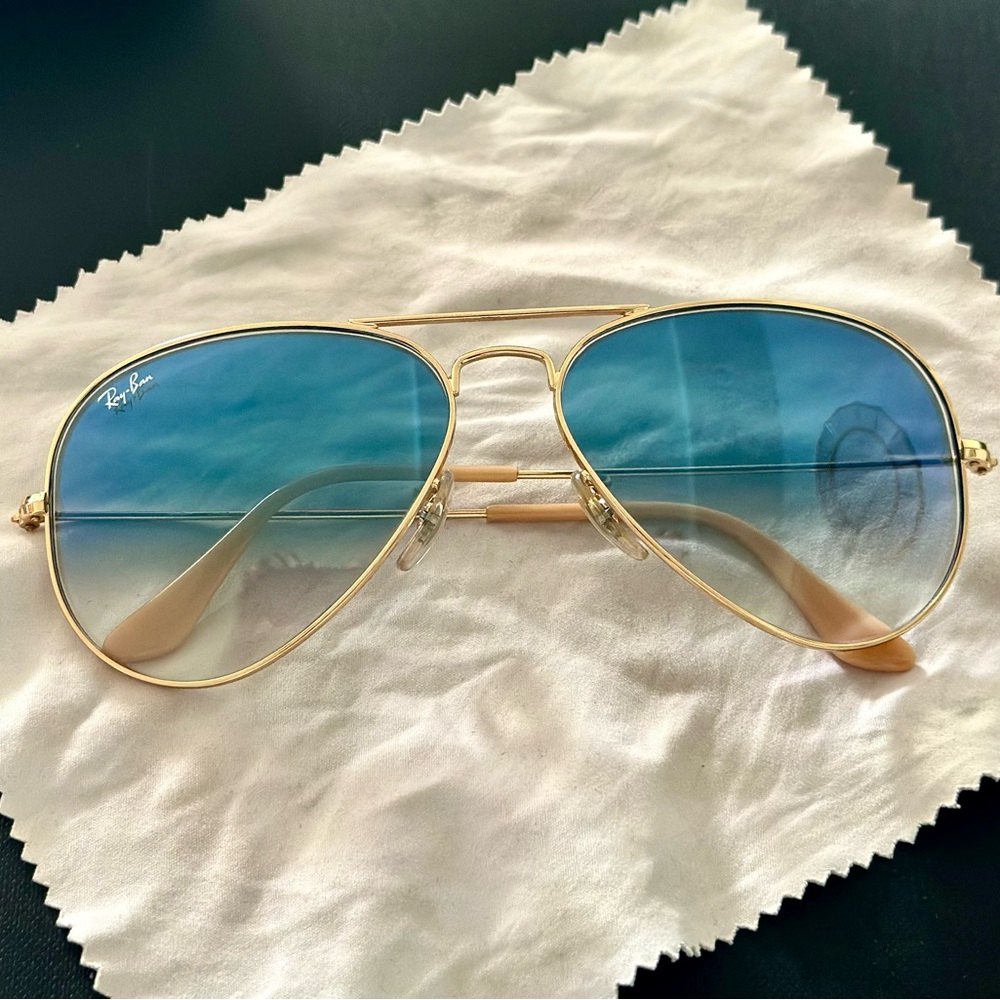 Ray-Ban Gold Frame Aviator Sunglasses with Blue Lenses